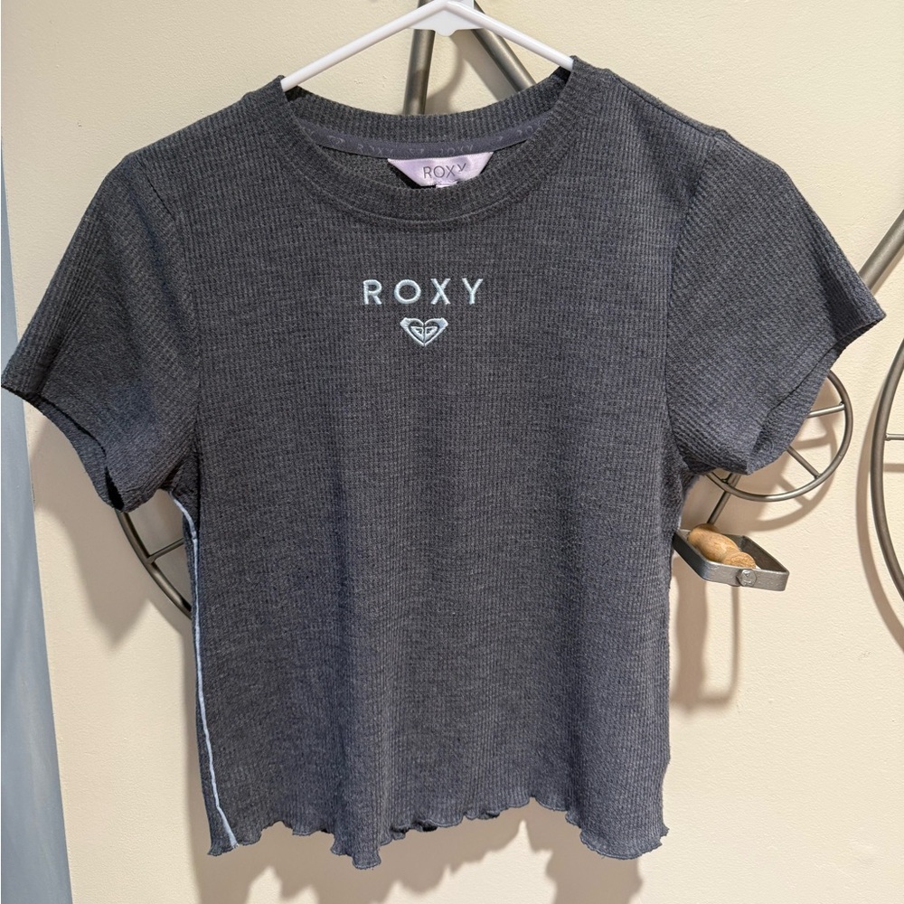 Roxy Charcoal Gray Ribbed Crop Top with Light Blue Logo